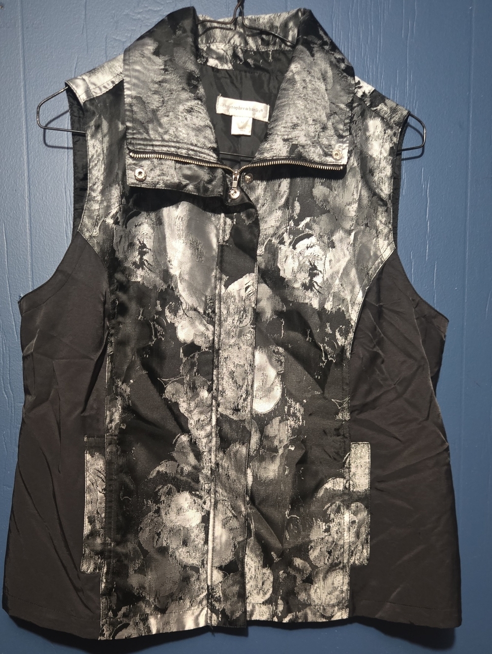 Christopher & Banks Black and Silver Floral-Print Sleeveless Vest